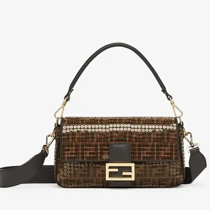 HOT Bag Sequins Medium Fabric Motif with FF Brown In Fendi Baguette 0412
